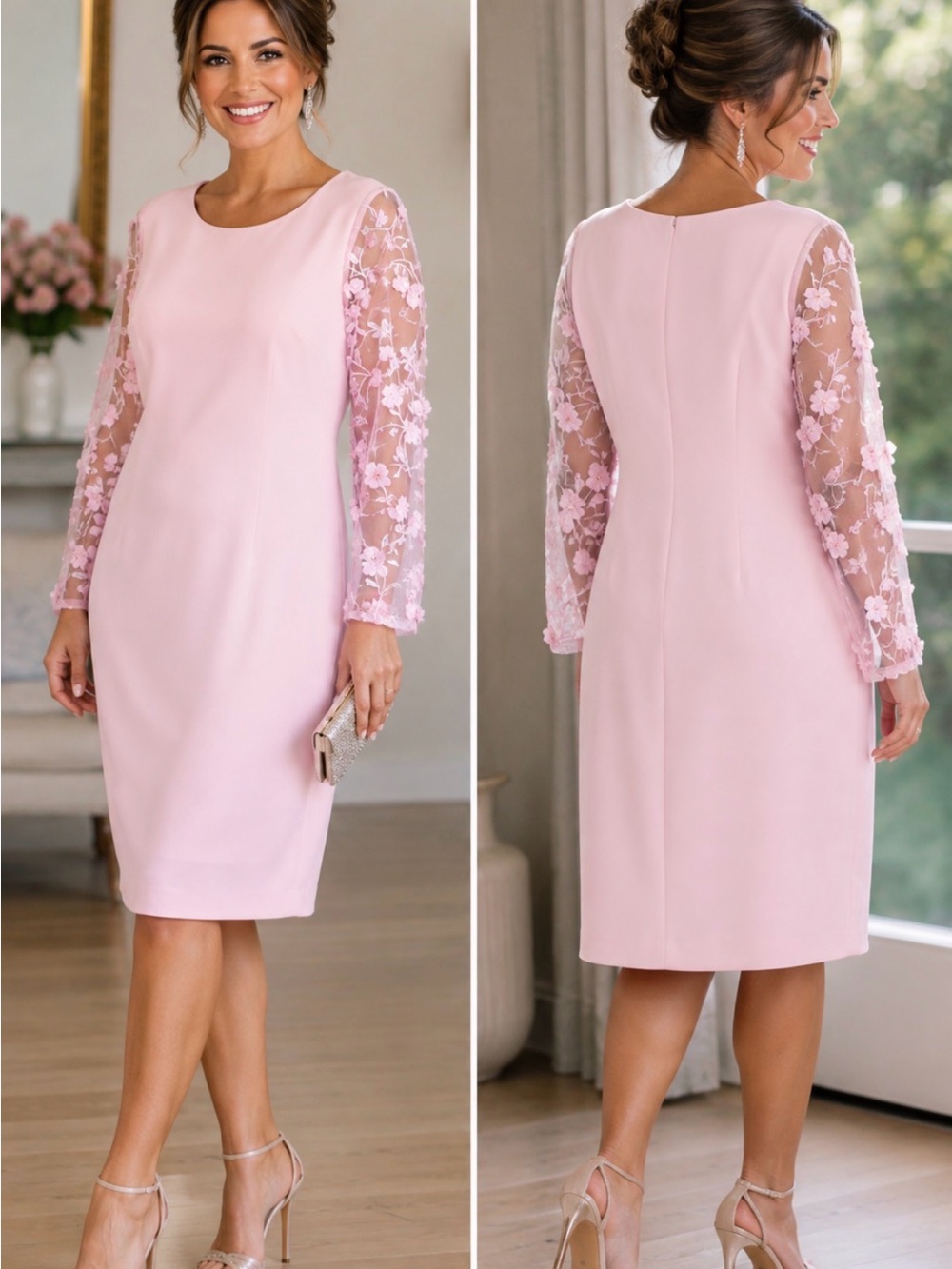 connected apparel Blush Pink Lace-Floral Sleeve Sheath Dress